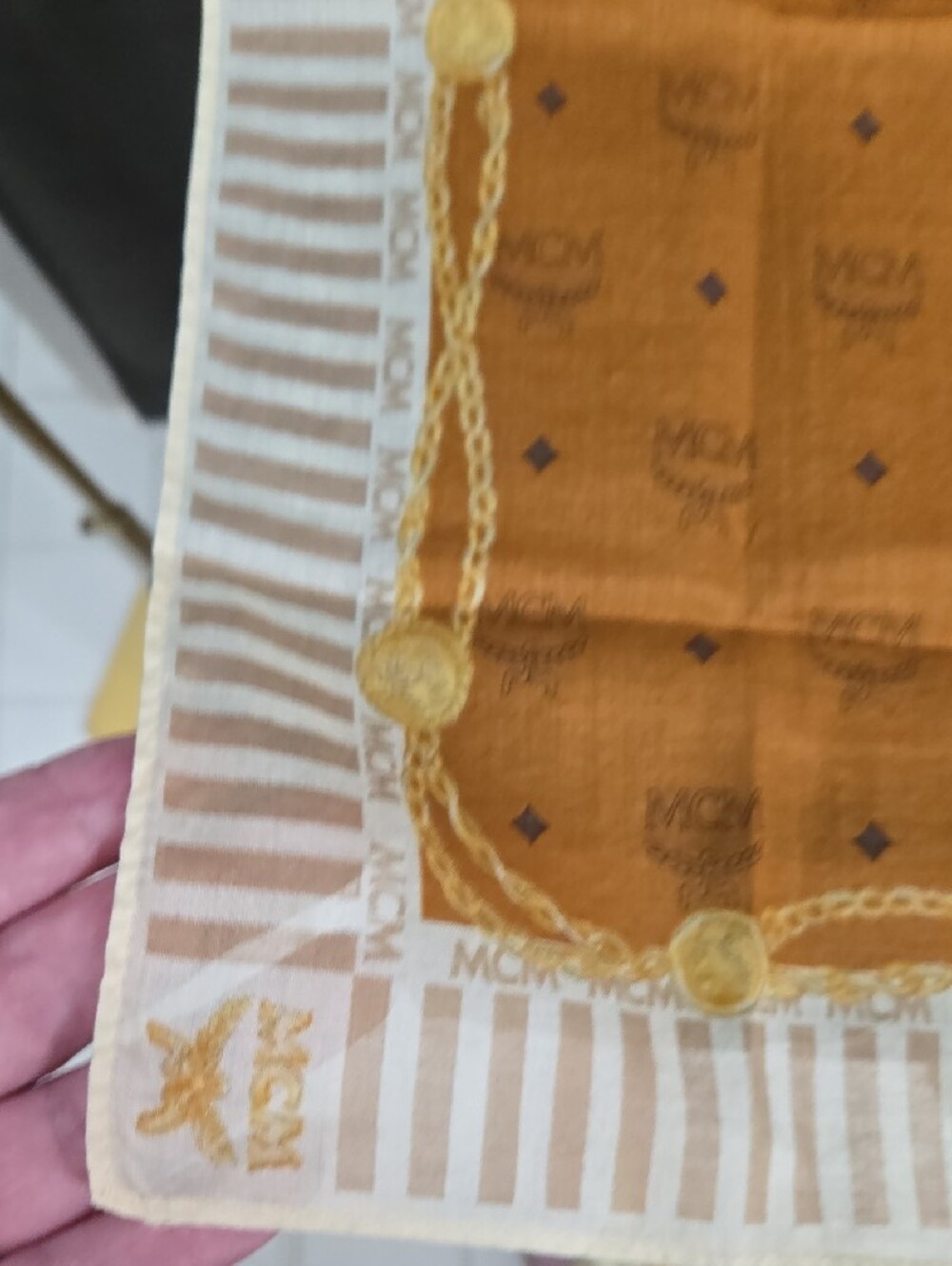 MCM Vintage Gold and Cream Logo Handkerchief Scarf - Picture 4 of 8